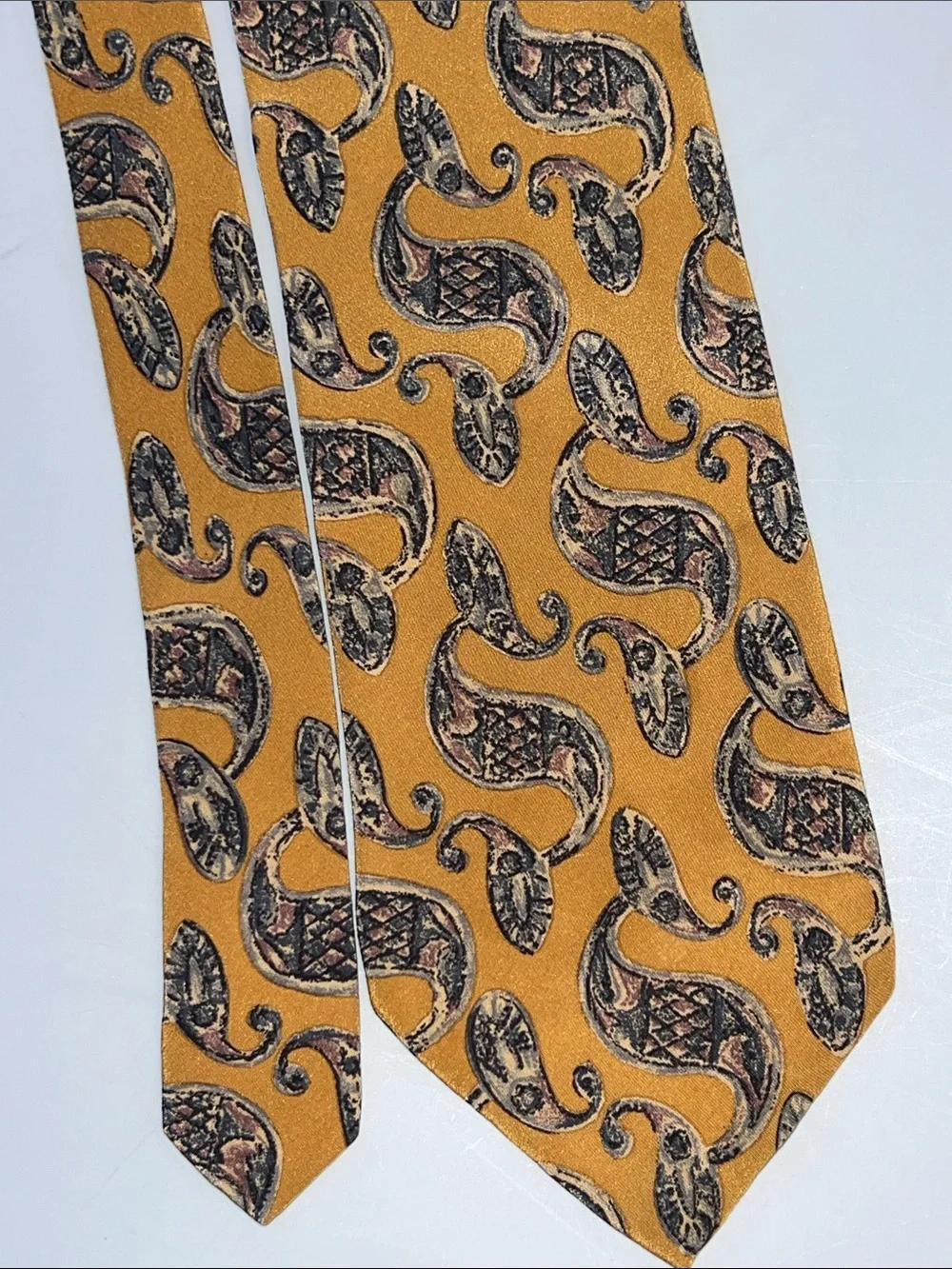 Vintage Joseph Abboud Mustard Paisley Silk Tie with Black and Brown Accents 57”